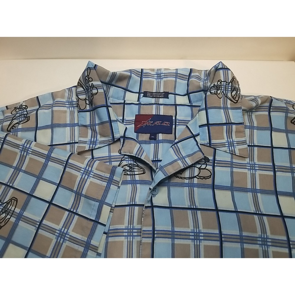 K.A.D. Clothing Co Mens XL‎ Blue Plaid Short Sleeve Button Up Camp Shirt Hip Hop